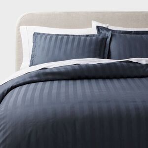 Threshold - 3pc Full/Queen Luxe Striped Damask Duvet Cover and Blue